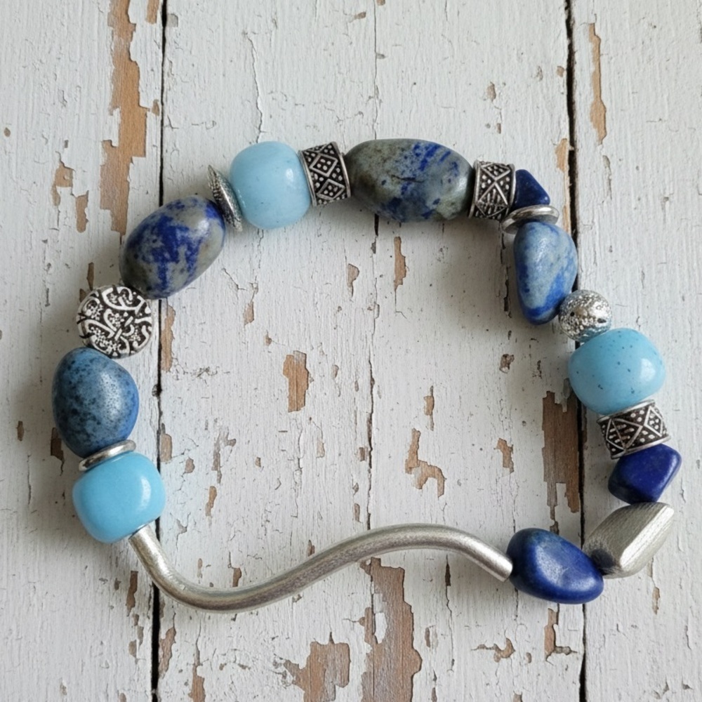 Eclectic Lapis Lazuli, Baby Blue Quartz & Silver Tone Stacking Bracelet